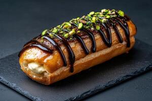 Close up of a delicious cream filled pastry topped with chocolate and pistachios photo