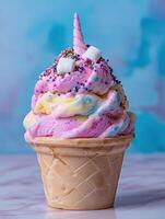 Magical unicorn ice cream cone with sprinkles and marshmallows photo
