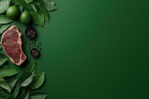 Raw beef steak with peppercorns and lime leaves on green background photo