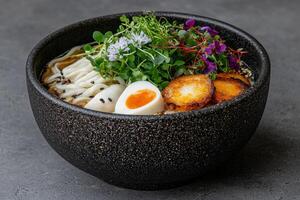 Delicious udon noodle soup with soft boiled egg and crispy toppings photo
