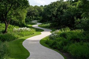 Curving pathway through a lush green garden photo