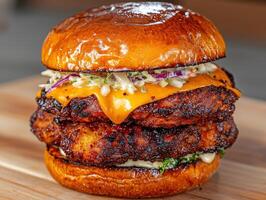 Juicy double chicken burger with cheese and coleslaw photo