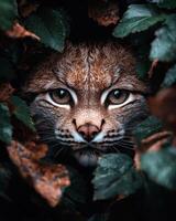 Close up of a lynx peering through leaves photo