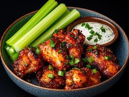 Close up of delicious barbecue chicken wings with celery sticks and creamy ranch dip photo