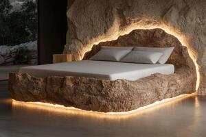 Luxurious modern bedroom with a unique stone bed and headboard, illuminated with warm lighting photo