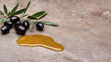 Close up of fresh olives and olive oil on a rustic surface photo