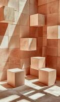 Wooden blocks forming a geometric pattern in a room with sunlight streaming through a window photo