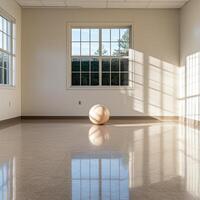 Empty room with large window and single ball on floor photo