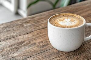 Close up of a latte with latte art in a speckled mug on a wooden table photo