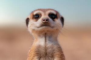 Close up portrait of a curious meerkat looking directly at the camera photo