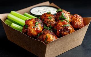 Close up of delicious buffalo wings in a cardboard takeout container with celery sticks and ranch dressing photo