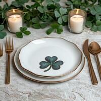St Patricks Day table setting with shamrock detail photo