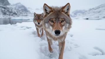 Two arctic wolves walking in the snow photo