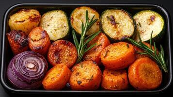 Roasted root vegetables and zucchini with rosemary. photo