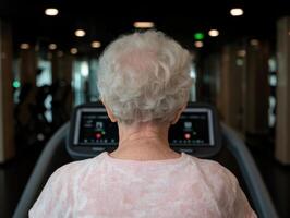Senior woman using a treadmill at the gym photo