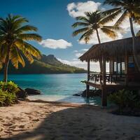 a hut on the beach with palm trees and water photo