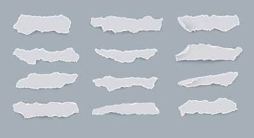 Set of white torn paper pieces of different shapes isolated on light background. Sheet of paper with shadows and torn edges. vector