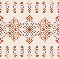 Pixel ethnic pattern with brown cream color wallpaper background fabric pattern. vector