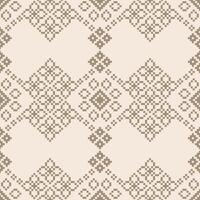 Cross stitch motif pixel ethnic pattern with brown cream color background fabric pattern art. vector
