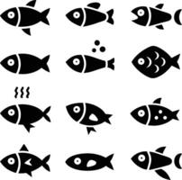 Twelve Black Fish Icons Shapes, Sizes, Cooking Styles vector