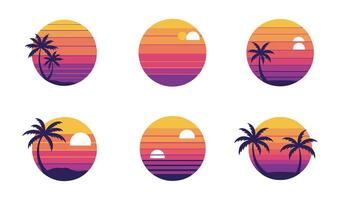 Scenic Retro Sunset Set with 80s Inspired Elements for Creative Projects vector