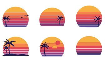 Palm Tree Sunset Set Inspired by 80s Coastal Life with Relaxing Retro Elements vector