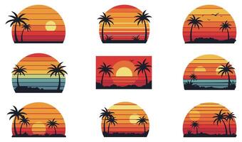 Vibrant 80s Sunset Set Featuring Tropical and Coastal Elements for Design Projects vector