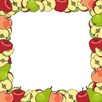 square frame of colored apples and pears, hand drawn in cartoon style. vector