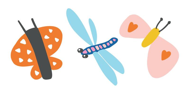 Vibrant orange and pink butterflies with a cheerful dragonfly in blue. Whimsical and delicate design perfect for spring or nature-inspired themes