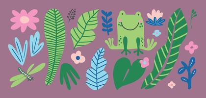 Smiling green frog surrounded by tropical leaves, colorful flowers, and a dragonfly. A whimsical nature-inspired design for jungle or rainforest themes vector