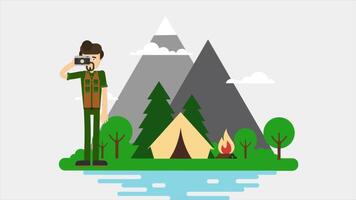 Man in Green Clothes Standing Near a Tent and a Lake, 2D Animation, 4K Resolution video