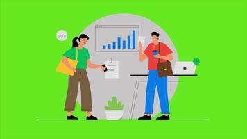 Two People Standing in Front of a Green Background with a Chart on the Wall 2D Animation Business Mind video