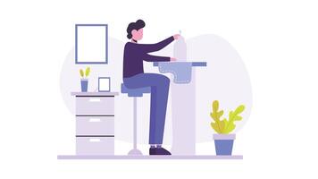 Man Sitting at the Desk and Working on His Sewing Machine 2D Explainer Animation video