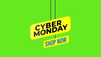 Cyber Monday Sale Banner with Hanging Tag Icon Animation on Green Background, 2D Animation, 4K Resolution video