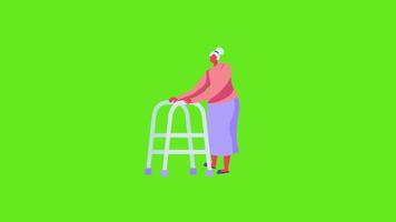 An Elderly Woman Pushing a Walker, 2D Animation on a Green Screen Background video