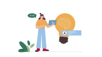 A Woman Holding a Tablet and Looking at a Light Bulb with a Brain Inside, Business Mind, 2D Explainer Animation, 4K Resolution video