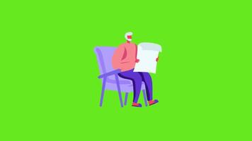 A Man Sitting on a Chair Reading a Paper, 2D Character Animation, Green Screen Background, 4K Resolution video