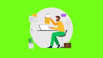 A Man Sitting at a Desk with a Laptop, Working in an Office 2D Animation Green Screen Background video