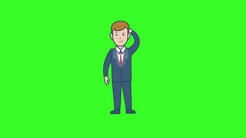A Cartoon Man in a Suit Thinking and Standing on a Green Screen Background, 2D Animation video