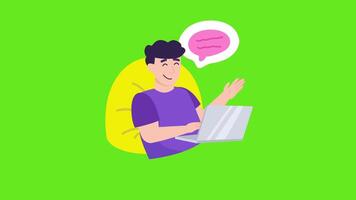 A Man Sitting on a Chair with a Laptop and Speech Bubble Above Him, 2D Animation, Man Character Animation, Green Screen Background, 4K Resolution video