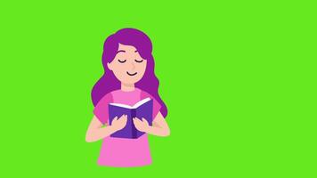 A Girl Reading a Book on a Green Background 2D Character Animation in a Calm and Educational Setting video