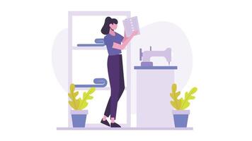 Creative Woman Standing Near Sewing Machine, Holding a Book, Showcasing Craftsmanship and Knowledge in a Stylish Setting video