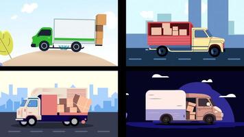 Four Different Types of Trucks and Delivery Trucks, 2D Animation, 4K High Resolution video