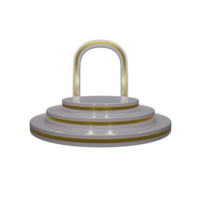 3d rendering white 3 steps podium with golden accent and arched background frame png