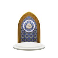 3d render of podium and backdrop with the carving of Islamic pattern and mandala with crescent and star png