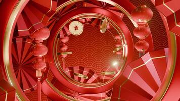 Dynamic red and gold background featuring traditional Chinese coins, lanterns, and festive patterns in a tunnel-like perspective. video