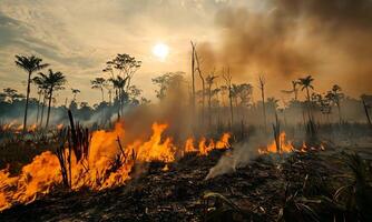 Vast Landscape of Wildfire Devastation Underneath a Smoky Sky with Silhouettes of Trees and Billowing Smoke, Depicting Environmental Catastrophe and Urgency for Conservation video