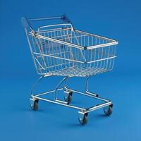 Minimalist shopping cart against a blue backdrop, highlighting its sleek metallic design. photo