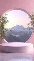 Serene mountain view framed by a circular window with bamboo accents, set against a pastel pink wall. photo