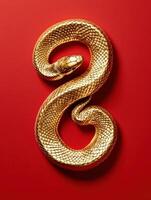 Golden snake sculpture on vibrant red background, showcasing intricate details and luxurious texture. photo